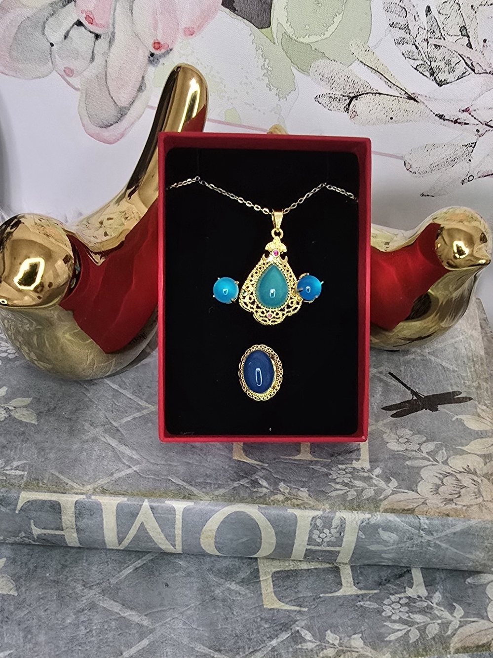 Natural Blue Agate Gemstone Teardrop Pendant Necklace, Earring, Ring Set